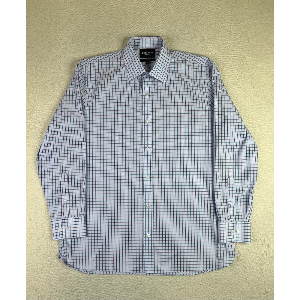 Bonobos Dress Shirt Mens 17 34/35 Blue Check Standard Fit Wrinkle Free Cotton LS